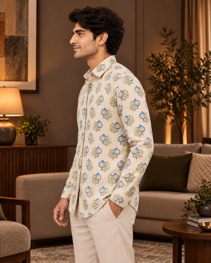 Men’s 100% Cotton Hand Block Printed Full Sleeve Shirt | Beige Blue Mustard Casual Shirt