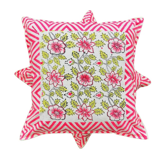 Hand Block Printed Pink Flower Cushion Covers - Set of 5