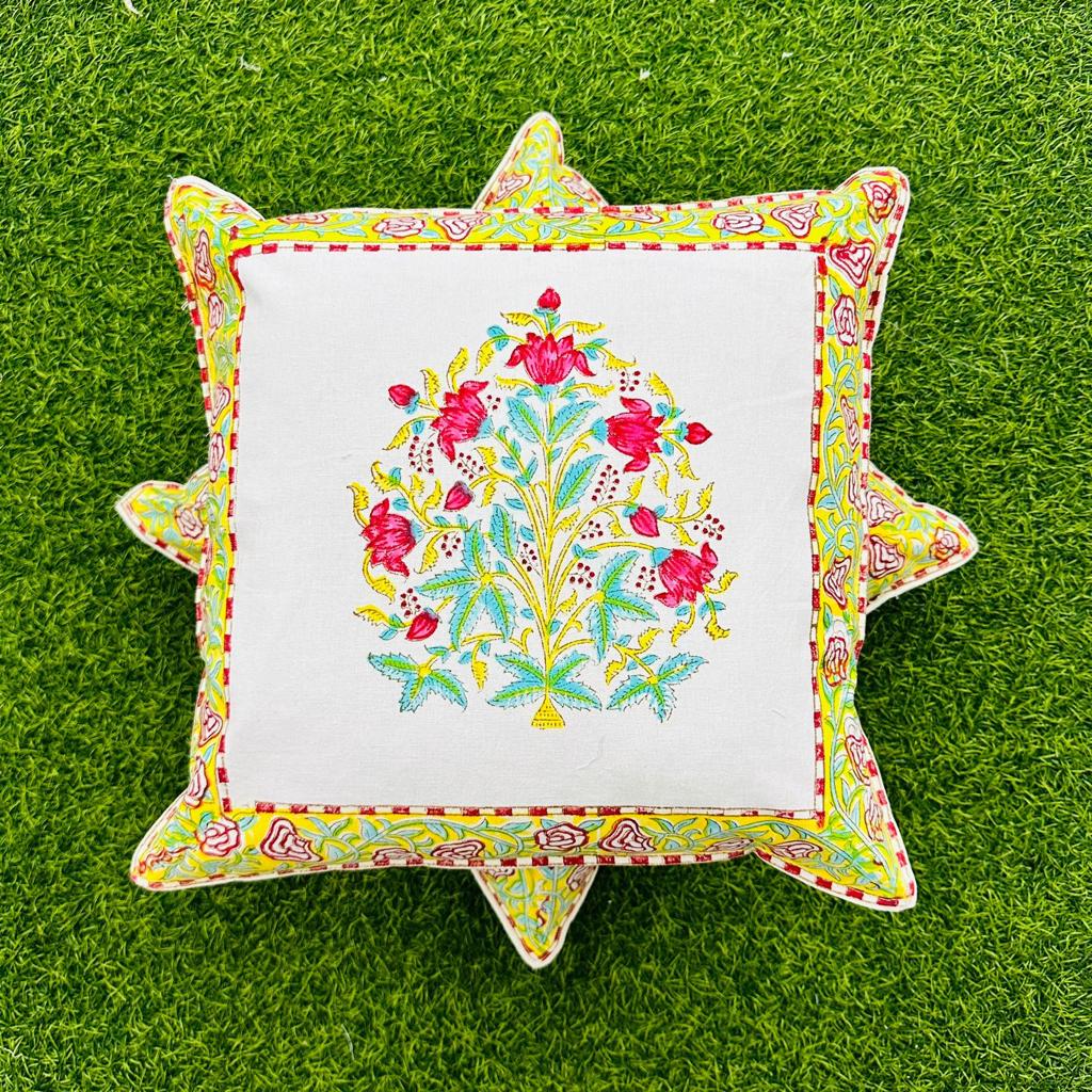 Blossom Haven: Multicolor Flower Hand-Painted Block Printed Cushion Cover - Size( 16x16)