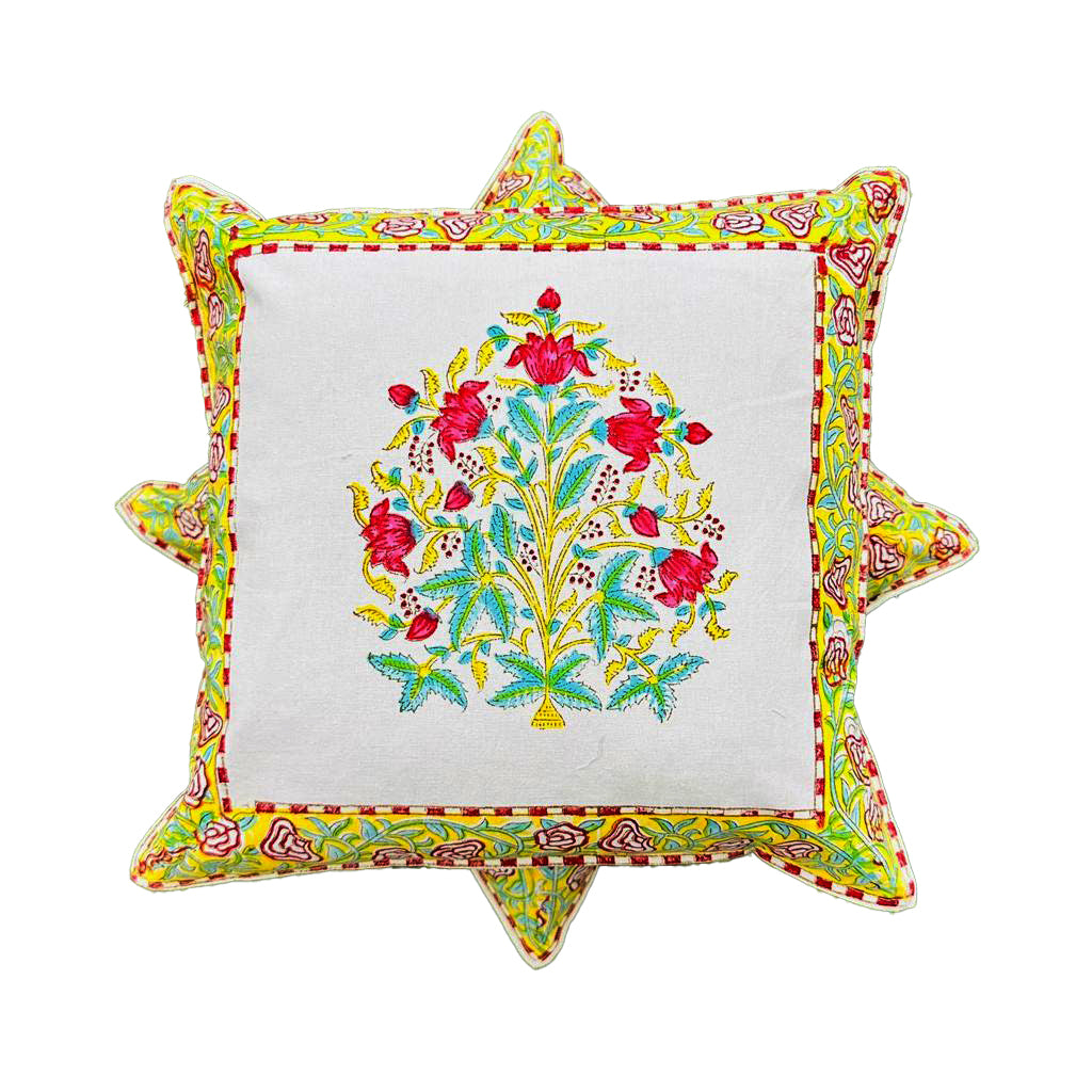 Blossom Haven: Multicolor Flower Hand-Painted Block Printed Cushion Cover - Size( 16x16)