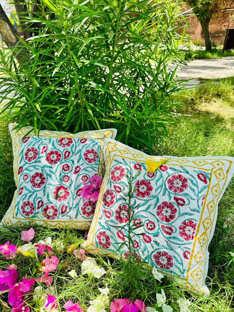 Blooms in Bloom: Hand Block Printed Multi-Color Floral Quilted Jute Cushion Cover – Artisanal Elegance for Your Home Decor