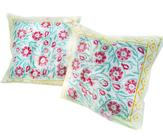 Blooms in Bloom: Hand Block Printed Multi-Color Floral Quilted Jute Cushion Cover – Artisanal Elegance for Your Home Decor