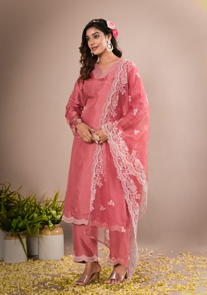 Elegant Pink Silk Kurti Set with Exquisite Neck Embroidery