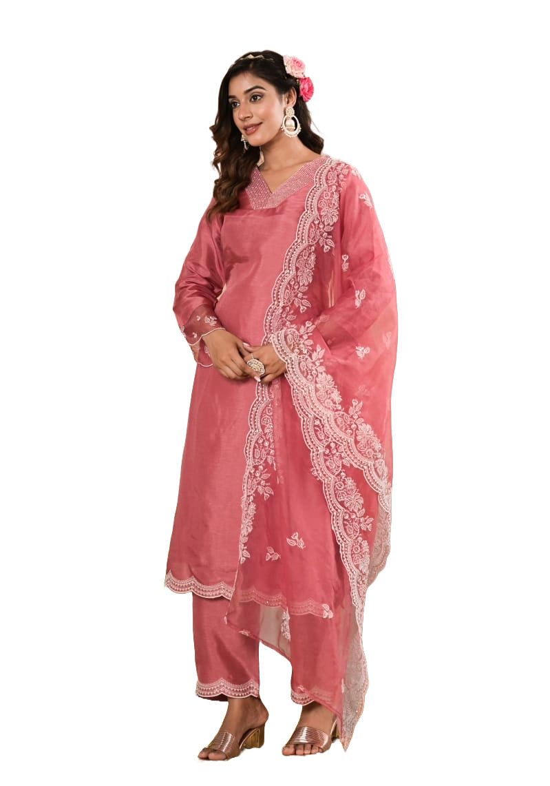 Elegant Pink Silk Kurti Set with Exquisite Neck Embroidery