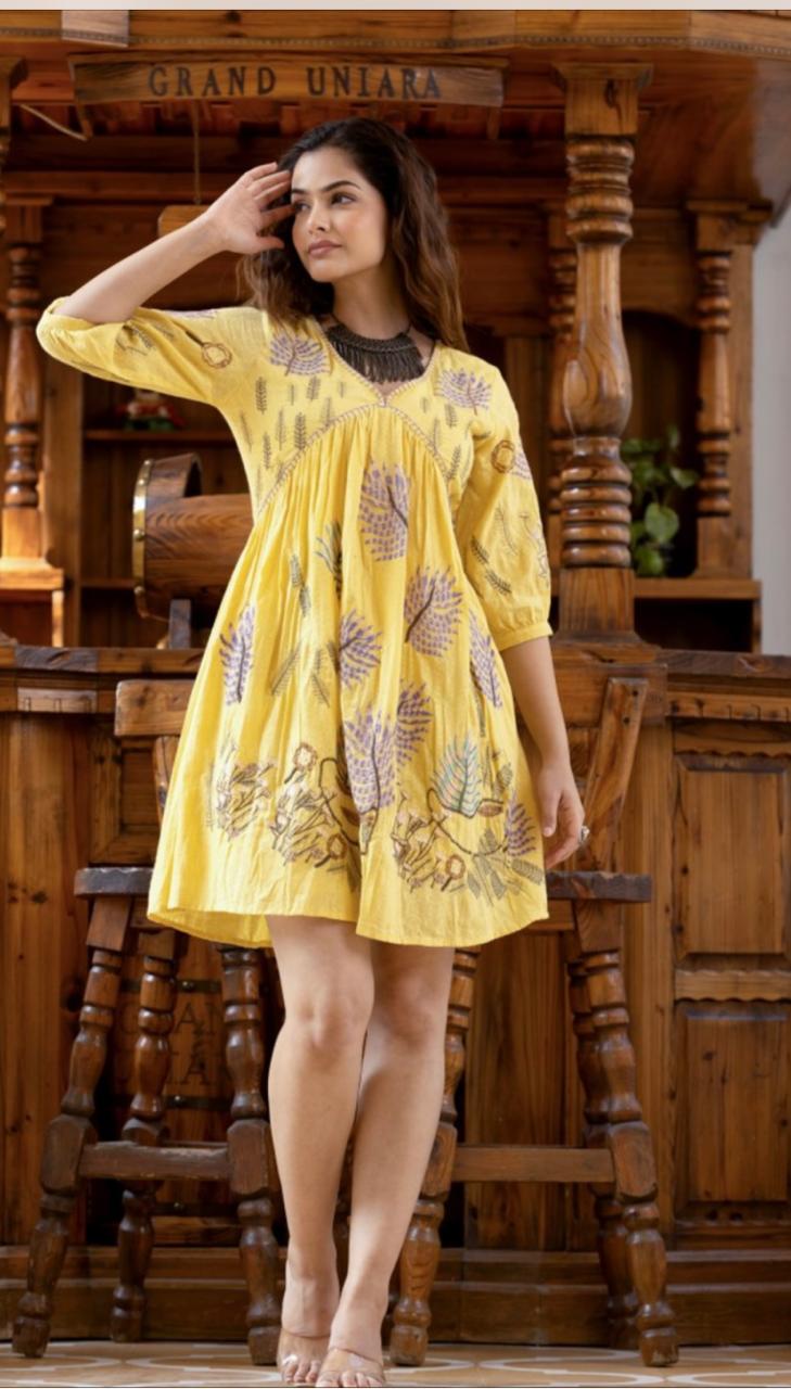 Yellow A-Line Dress with Ethnic Motifs Print