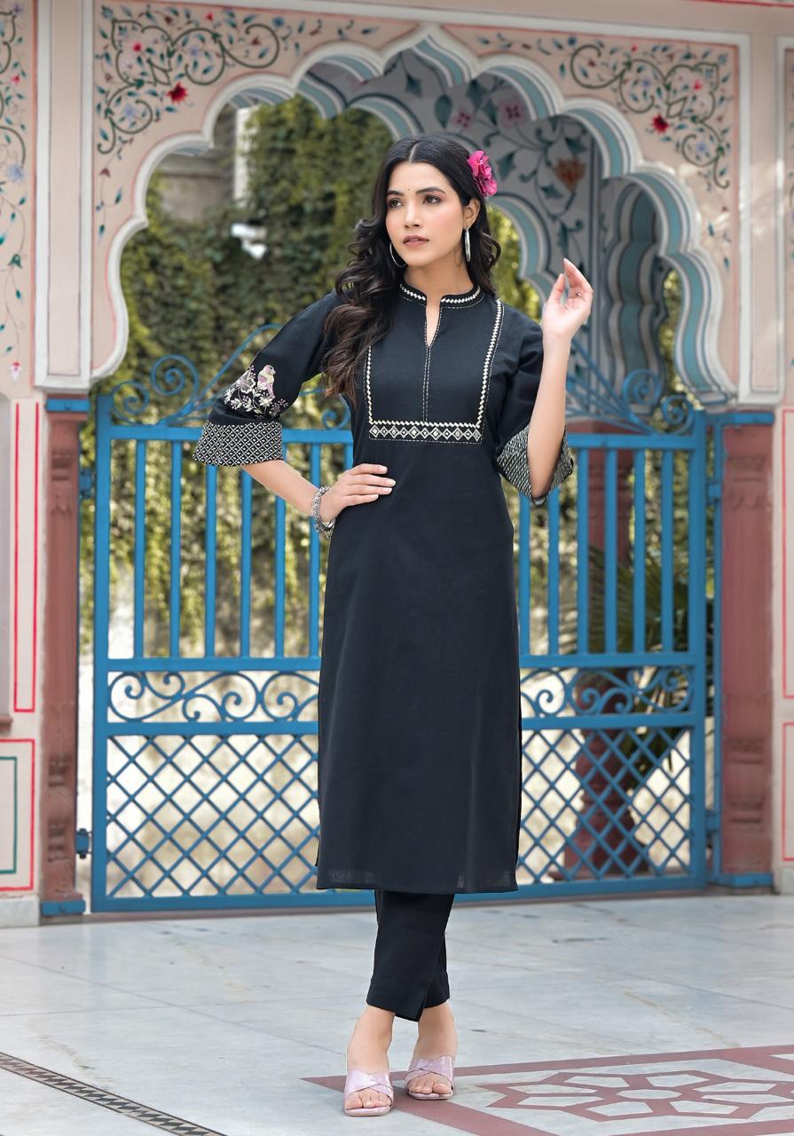 Elegant Black Kurti Set - Hand Embroidered Sleeves & Neckline, Perfect for Timeless Style and Sophisticated Occasions