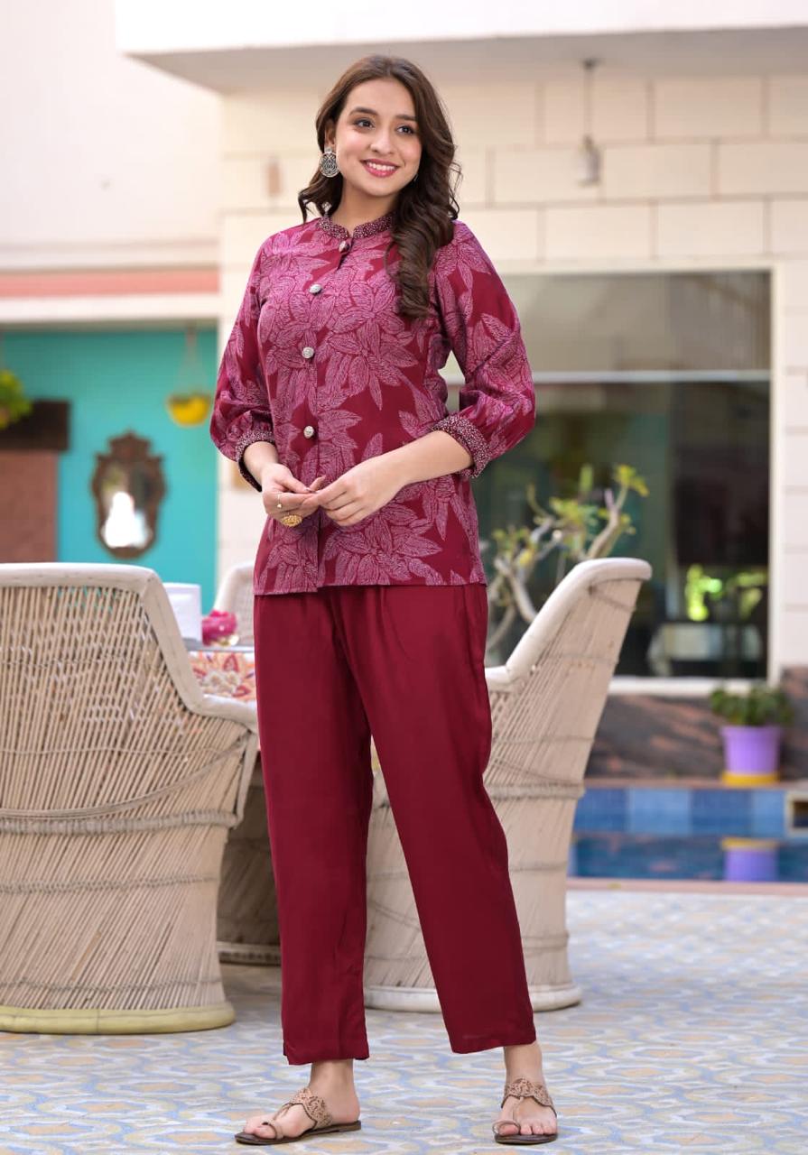 Maroon Co-ord Set with Digital Print Top and Straight Pants