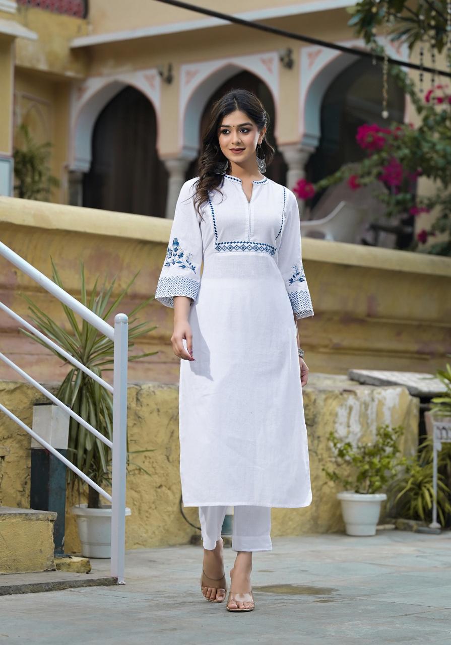 Chic Elegance: White Cotton Kurti Set with Intricate Neck Embroidery