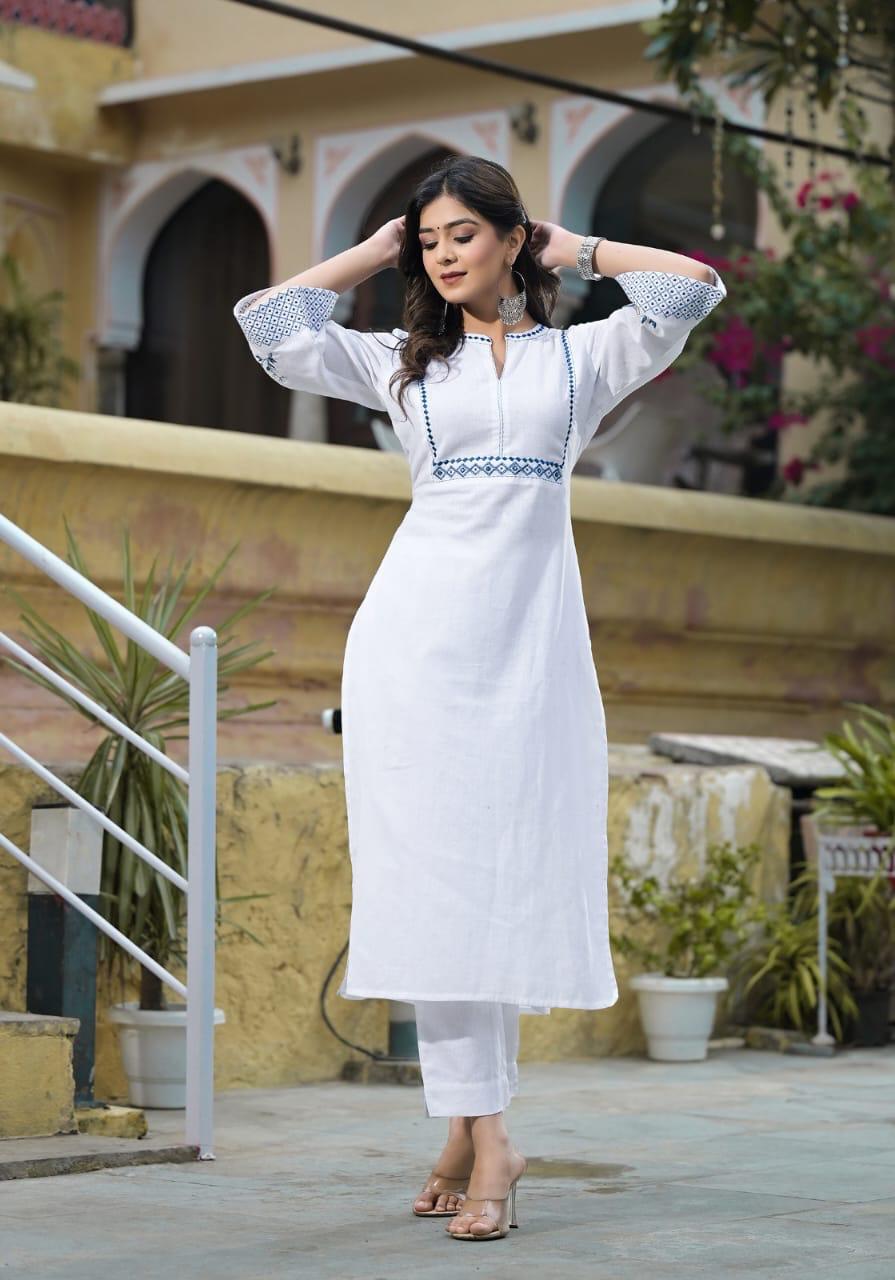 Chic Elegance: White Cotton Kurti Set with Intricate Neck Embroidery