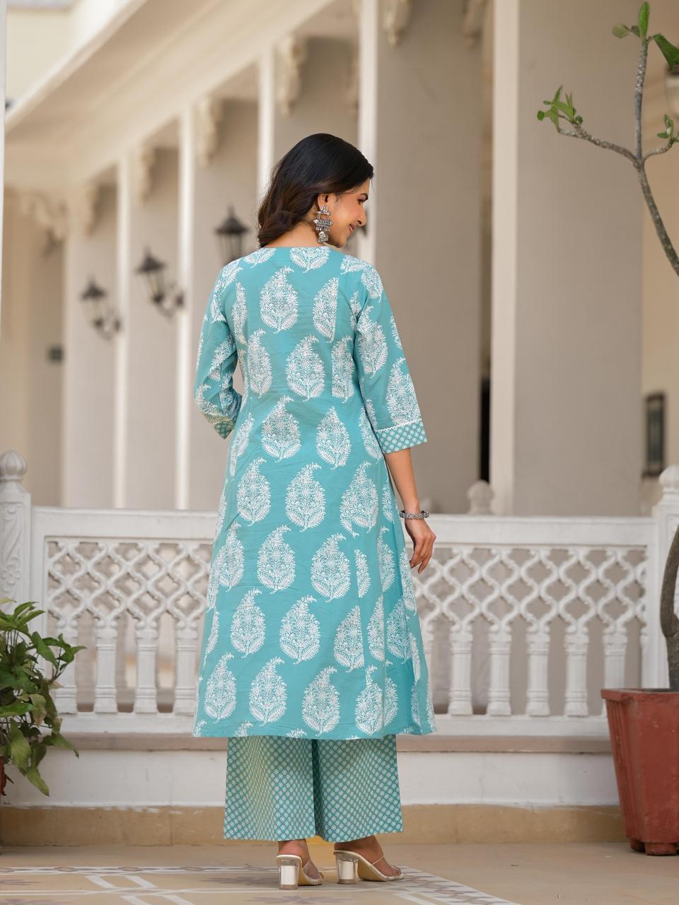 Aquamarine Delight: V-Neck Kurti Set with Pleated White Accents and Palazzo Pants