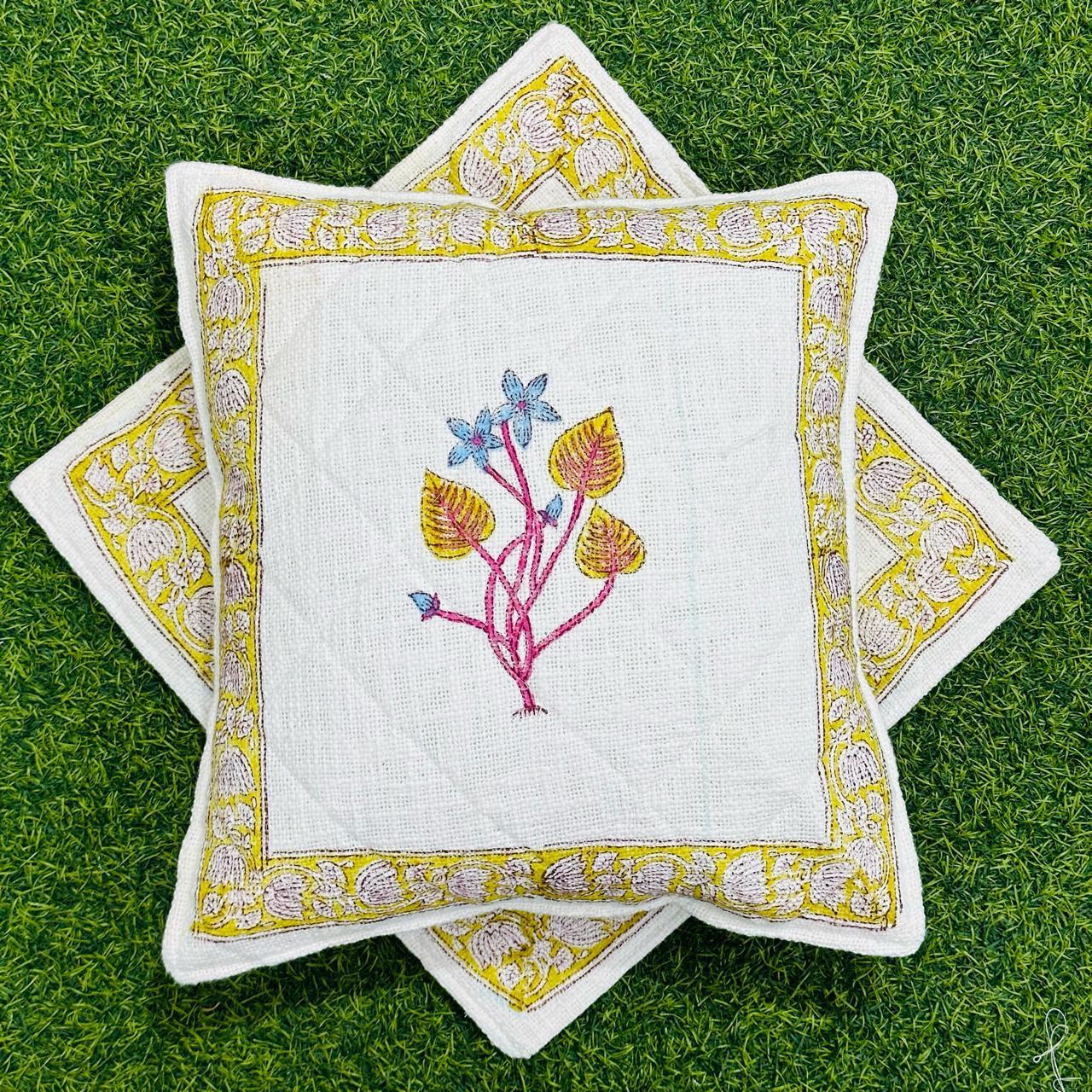 Set of 5 White Jute Cushion Covers with Floral Design and Yellow border