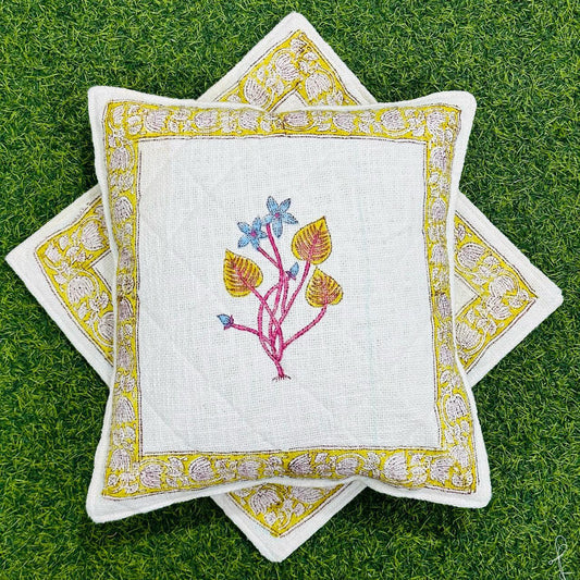 Set of 5 White Jute Cushion Covers with Floral Design and Yellow border