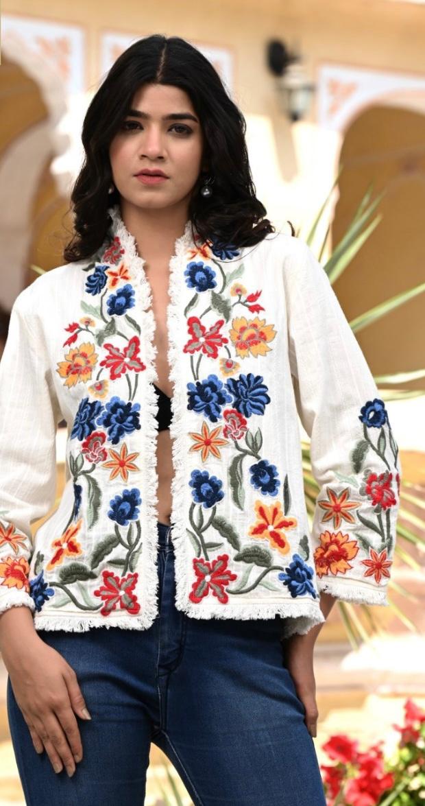 Desert Blossom: A White Background Jacket with Machine embroidery Flower Print