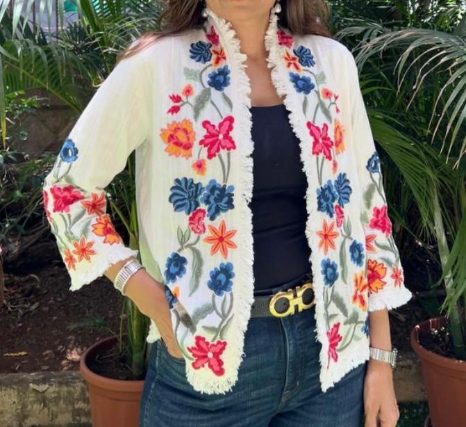 Desert Blossom: A White Background Jacket with Machine embroidery Flower Print