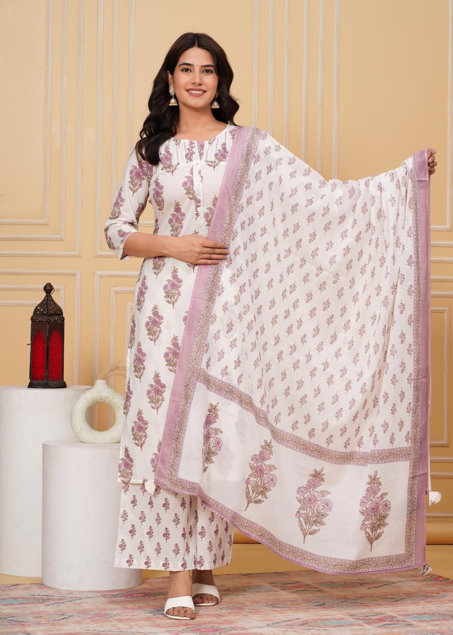 Elegant Floral Print Kurta Set with Dupatta