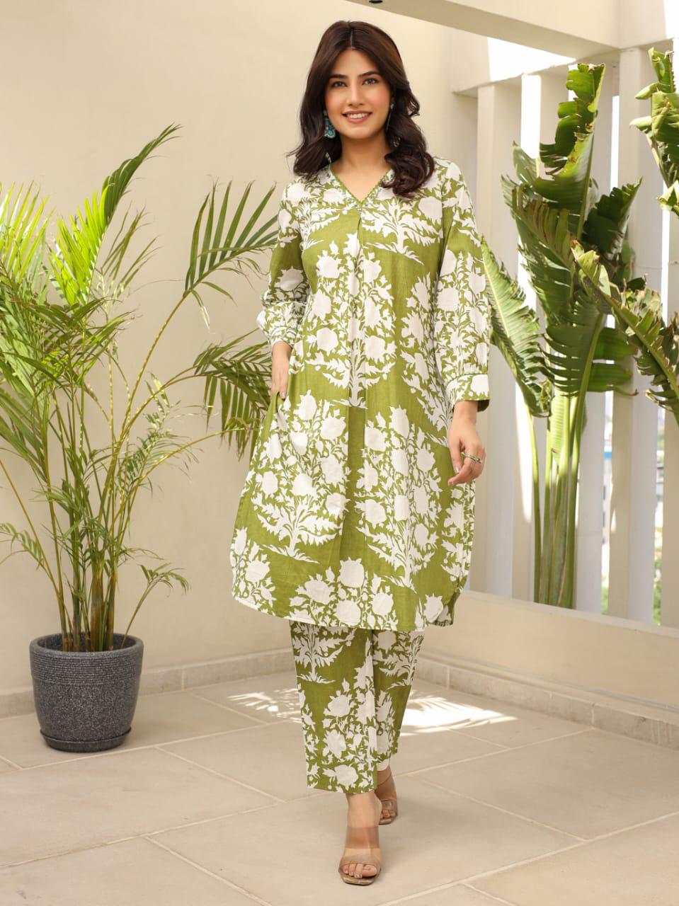 Refreshing Green Floral Kurti Set