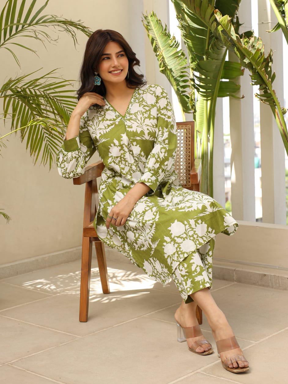 Refreshing Green Floral Kurti Set