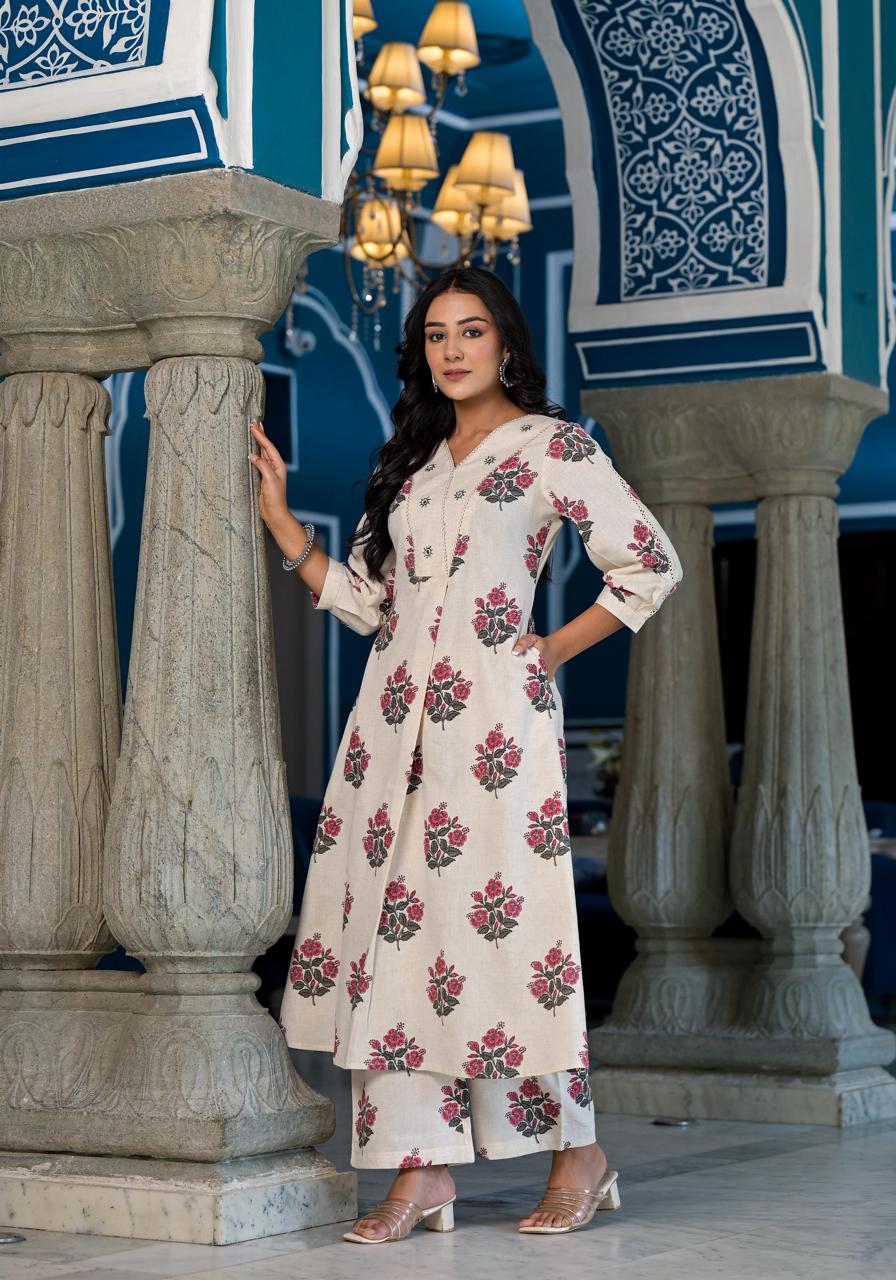 Cream Floral Kurti Set for women