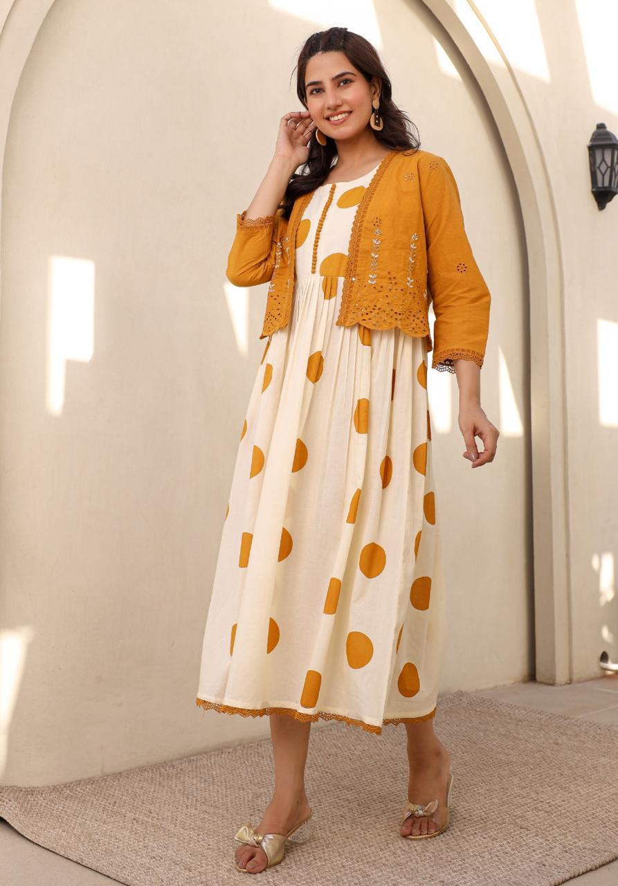 Polka Dot Dress with Mustard Embroidered Jacket