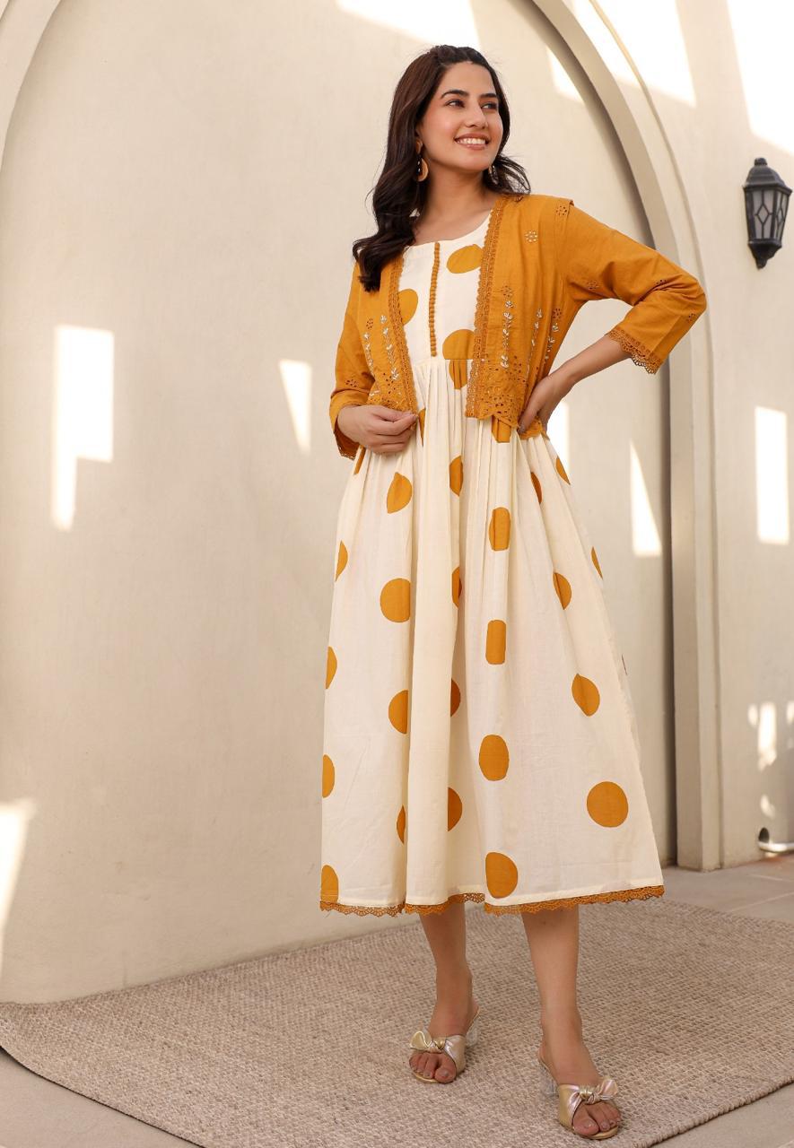 Polka Dot Dress with Mustard Embroidered Jacket