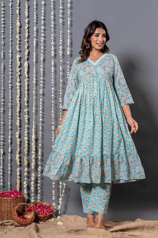 Floral Printed Anarkali Set in Aqua Blue