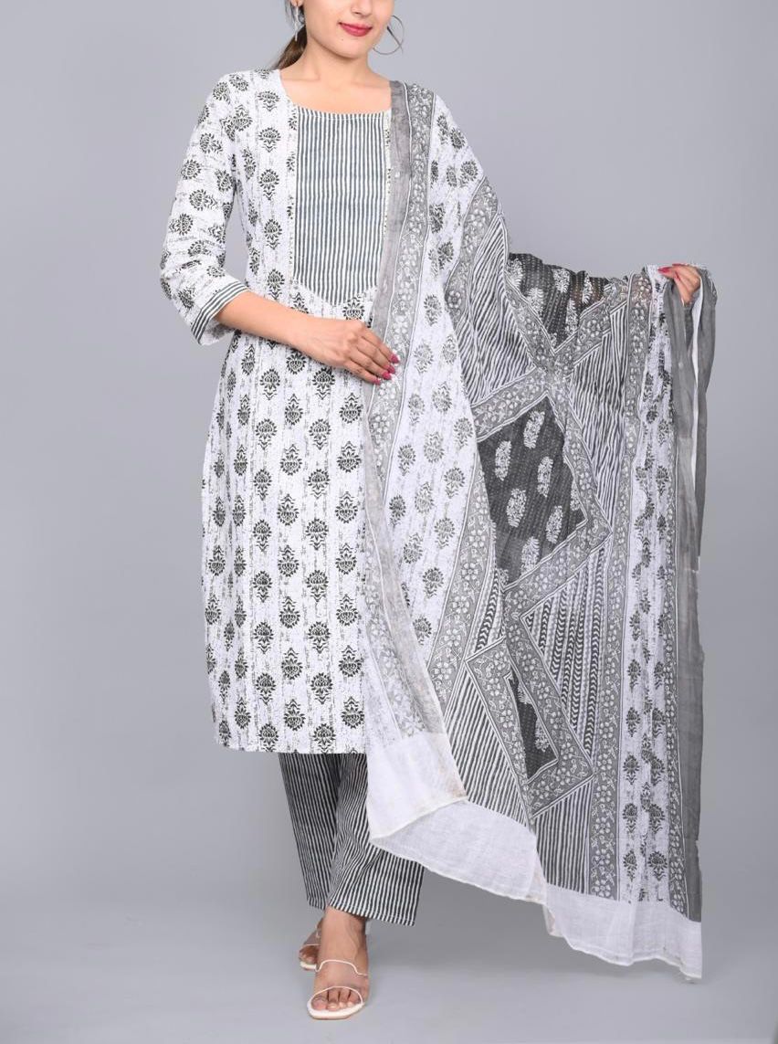 Black and White Printed Cotton Kurti Set