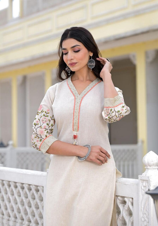 Cream Embroidered Kurti Set for Women