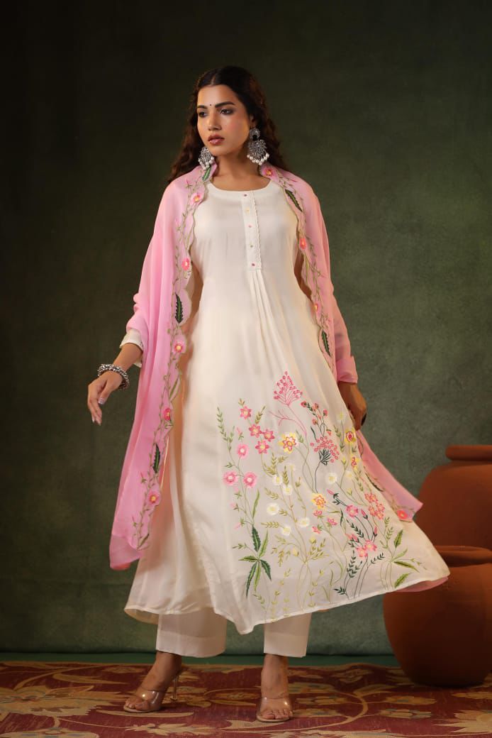 Embroidered Kurta Set with Pink Dupatta