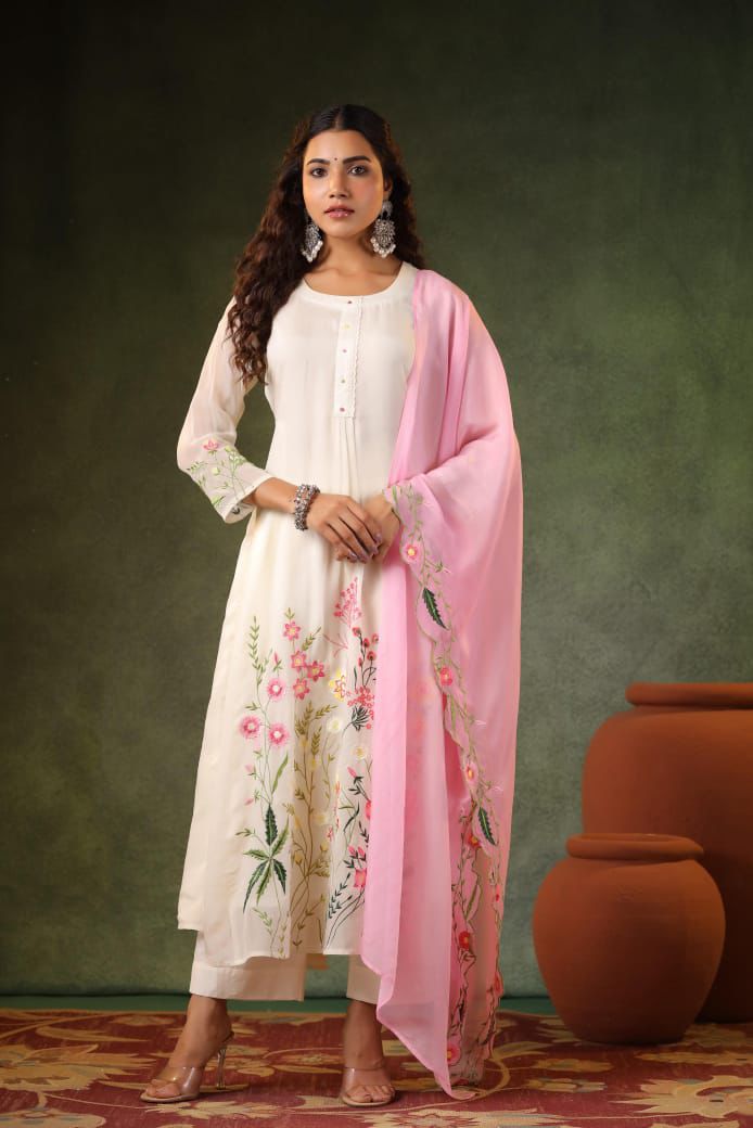 Embroidered Kurta Set with Pink Dupatta