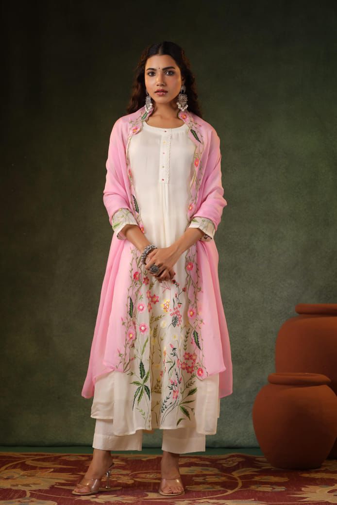 Embroidered Kurta Set with Pink Dupatta