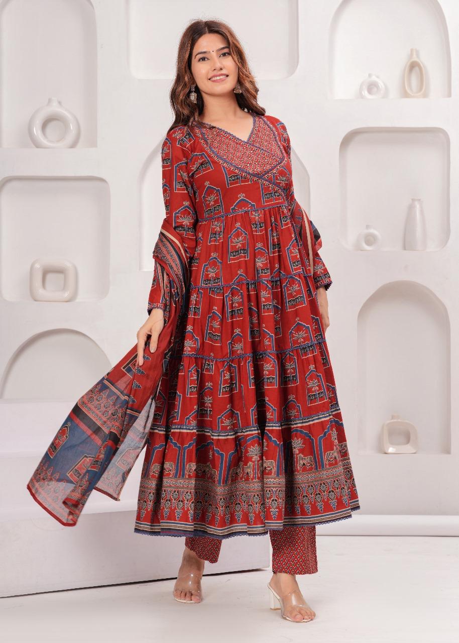 Red Anarkali Suit Set with Ethnic Print and Dupatta