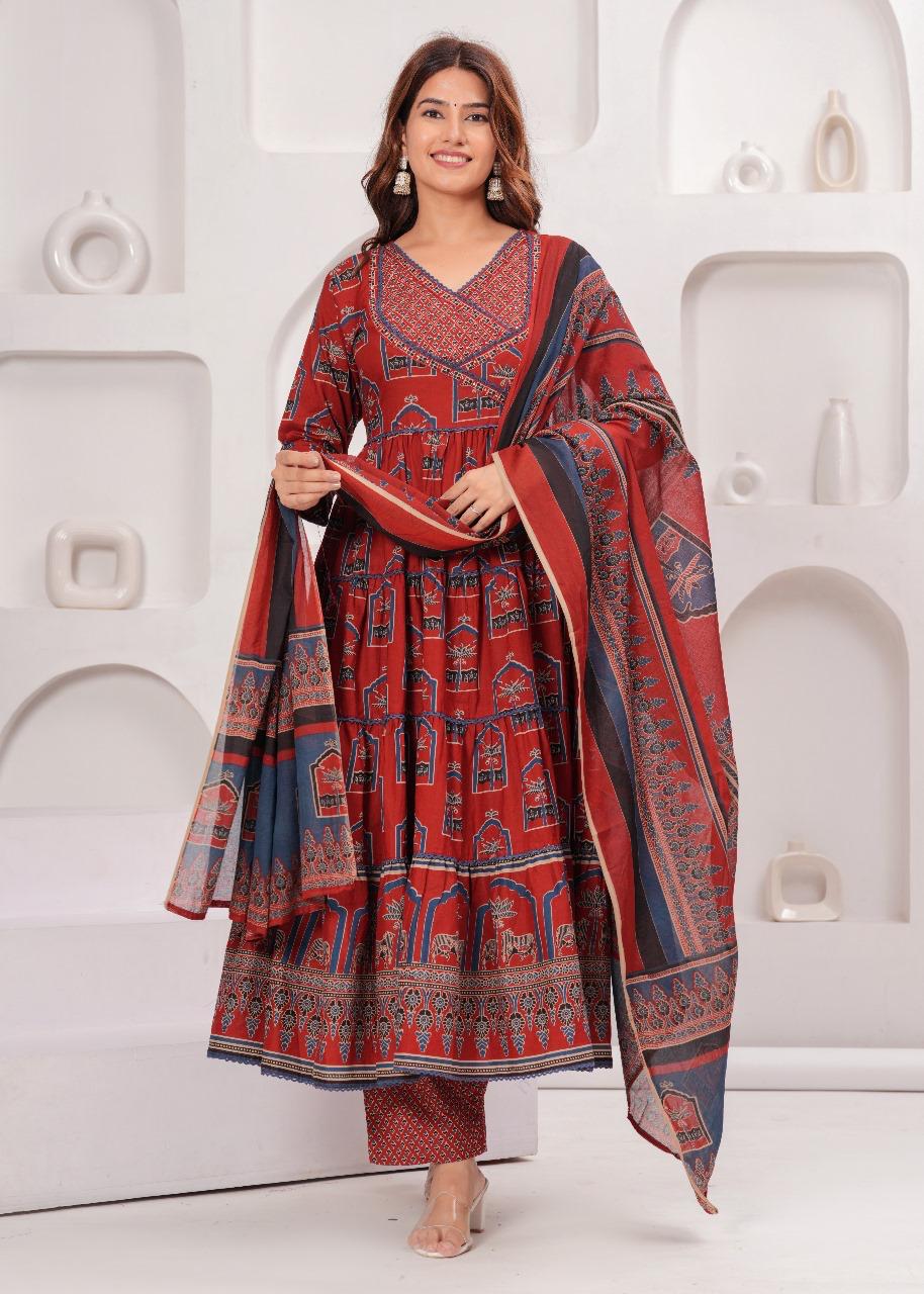 Red Anarkali Suit Set with Ethnic Print and Dupatta