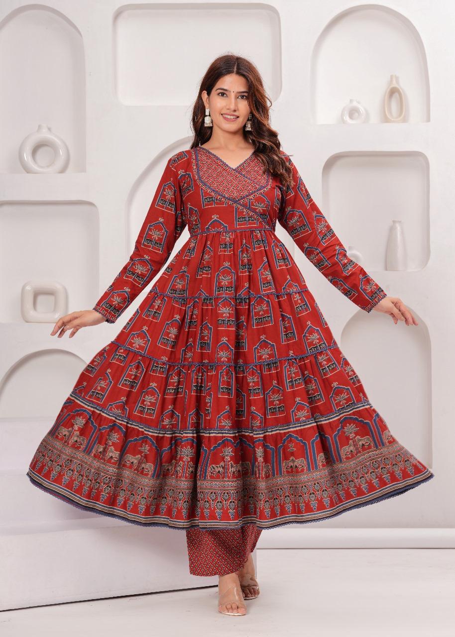 Red Anarkali Suit Set with Ethnic Print and Dupatta