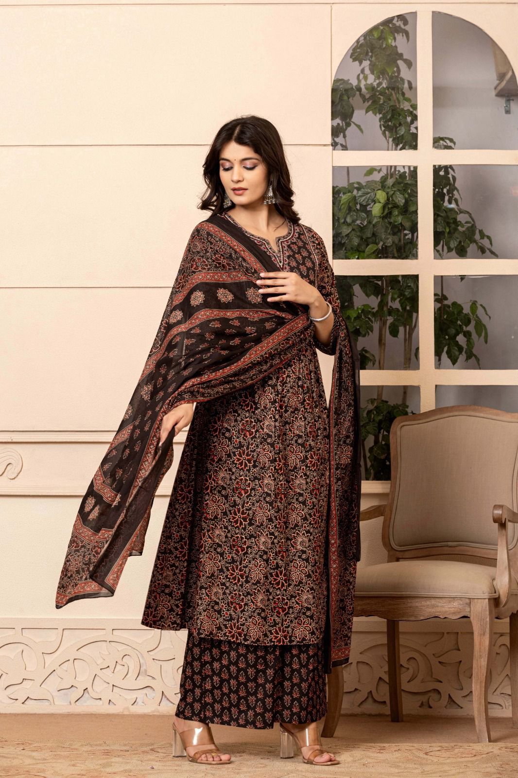 Black and Rust Printed Kurta Set with Dupatta for Women