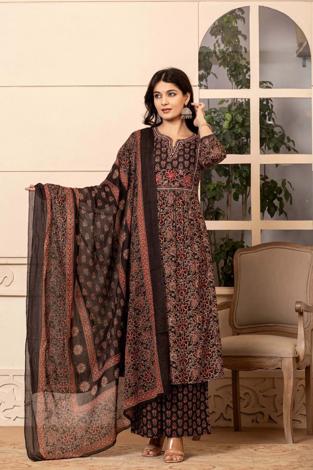 Black and Rust Printed Kurta Set with Dupatta for Women