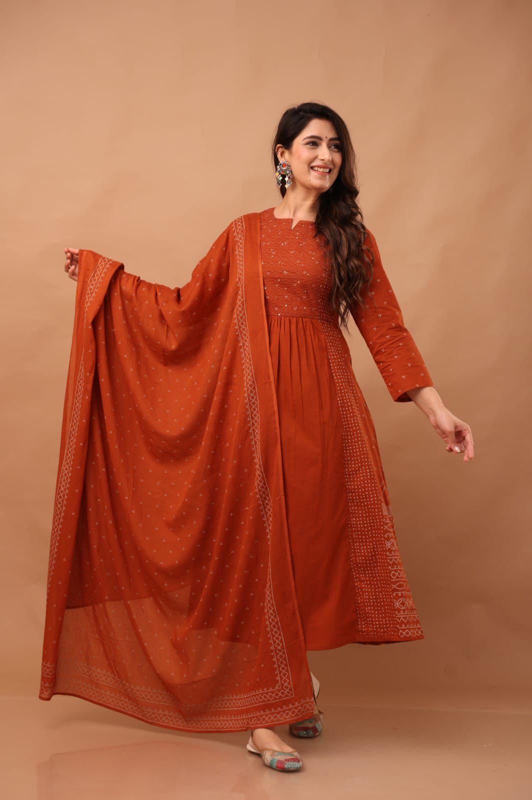 Rust Orange Embroidered Kurta Set with Dupatta for Women