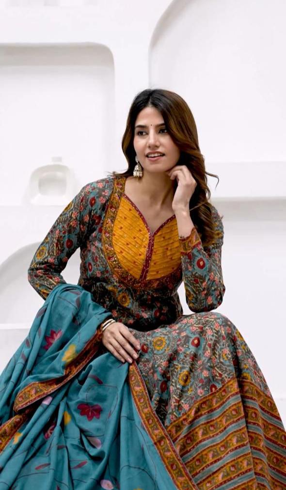 Traditional Printed Anarkali Suit with Dupatta