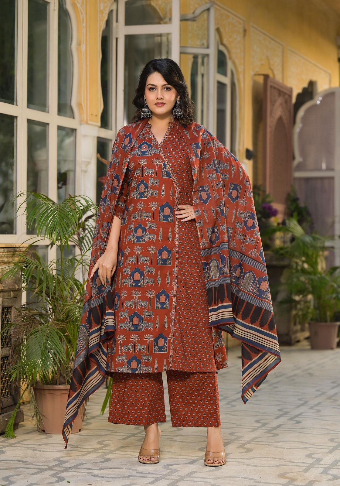 Rust-Orange Printed Kurta Set with Dupatta