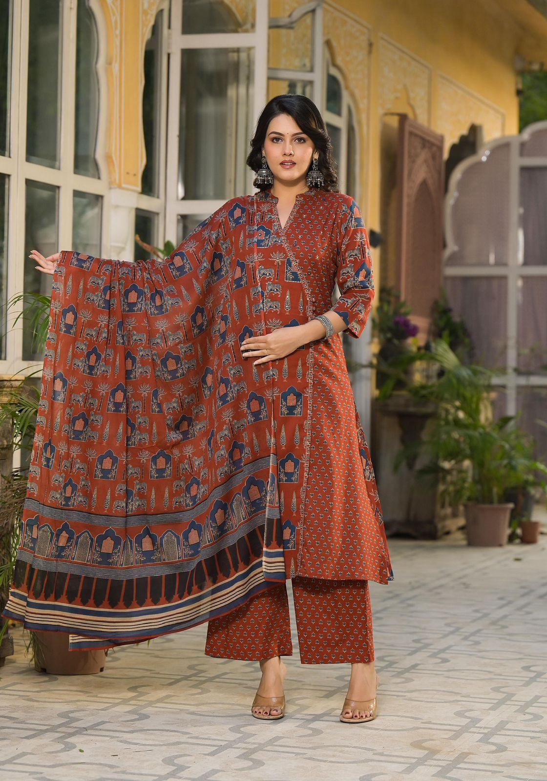 Rust-Orange Printed Kurta Set with Dupatta