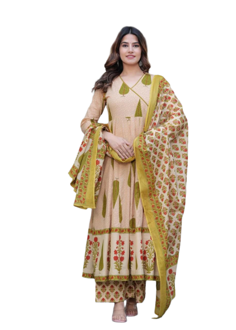 Floral Beige Anarkali Suit with Dupatta