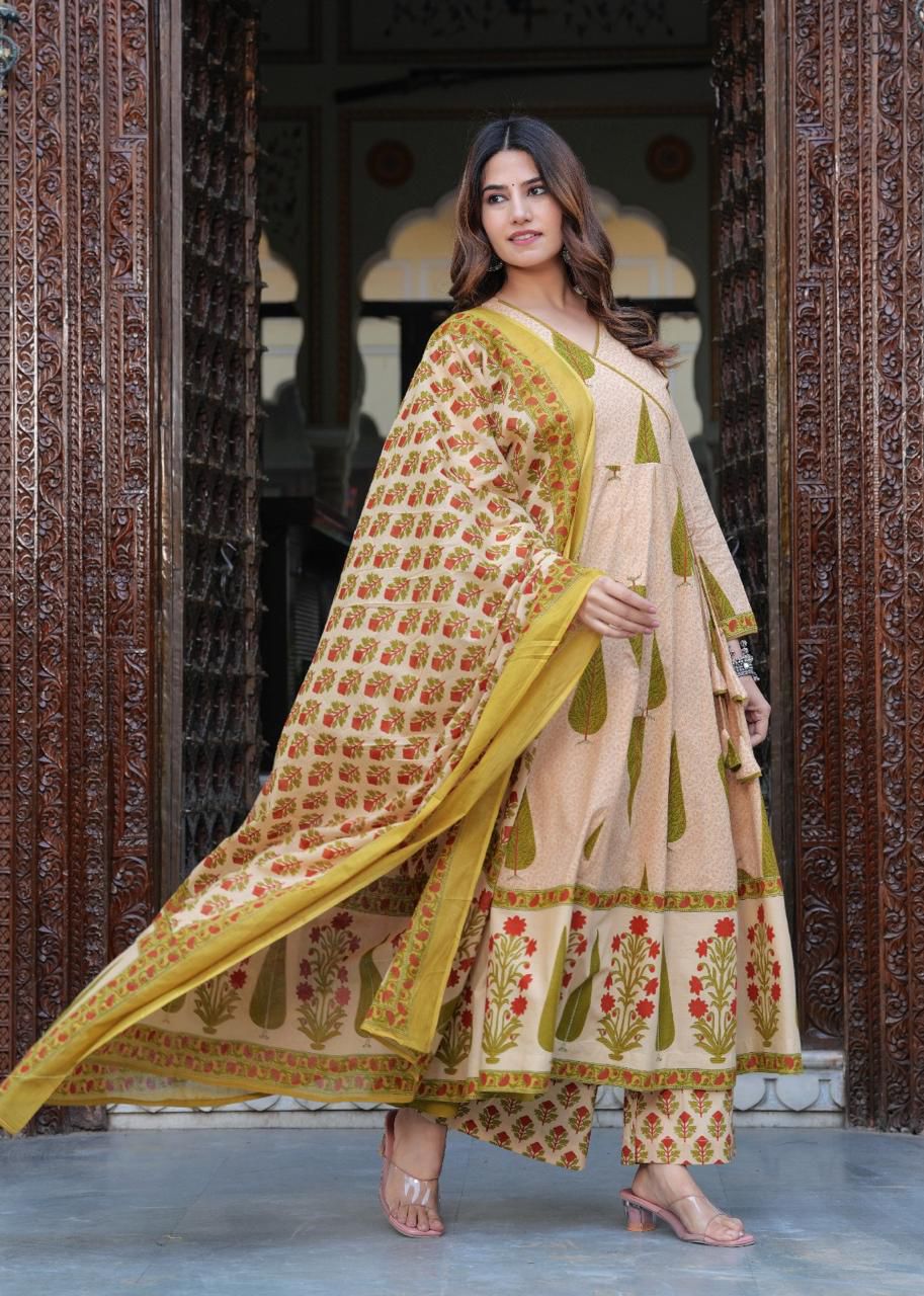 Floral Beige Anarkali Suit with Dupatta