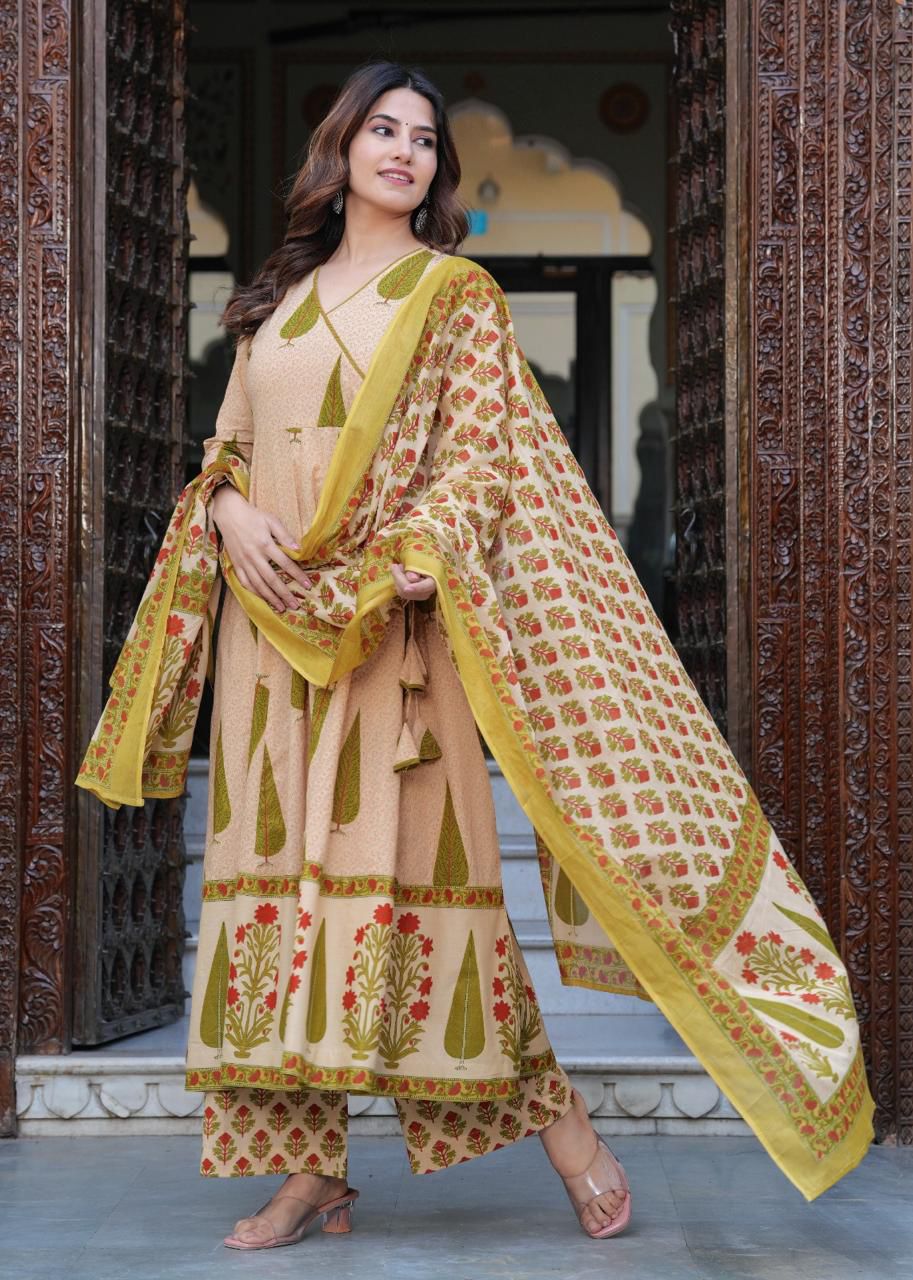 Floral Beige Anarkali Suit with Dupatta