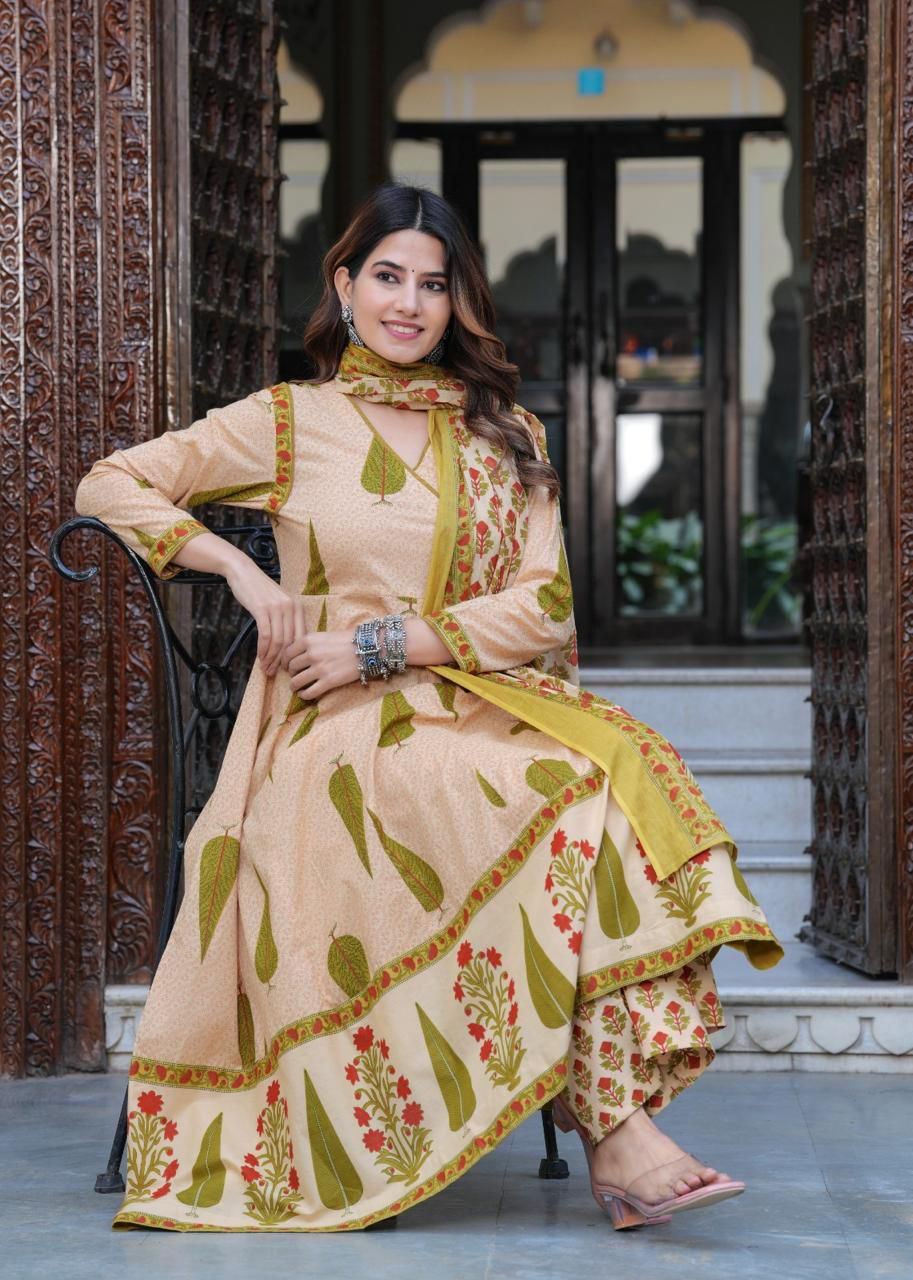 Floral Beige Anarkali Suit with Dupatta