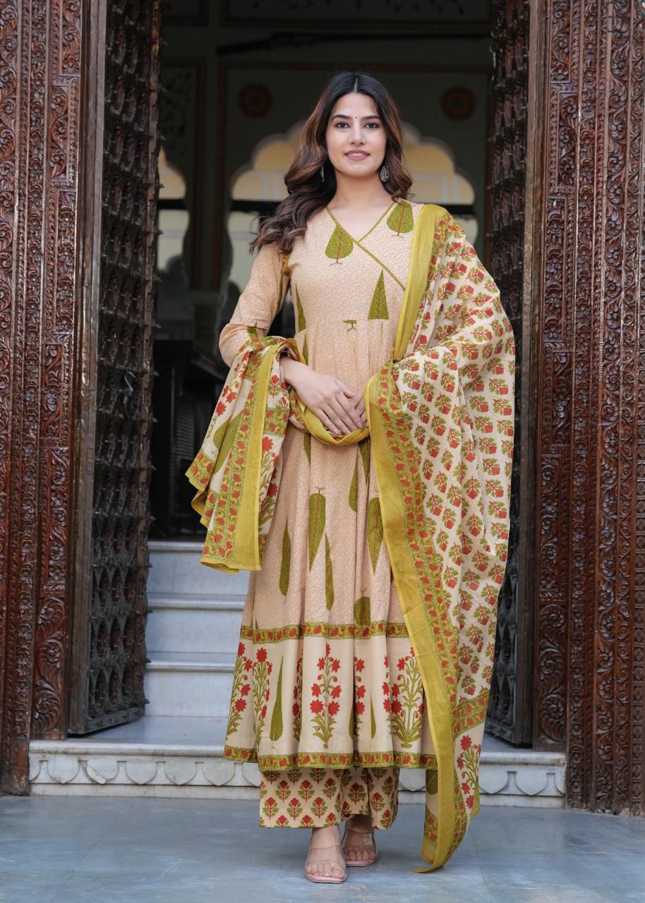 Floral Beige Anarkali Suit with Dupatta