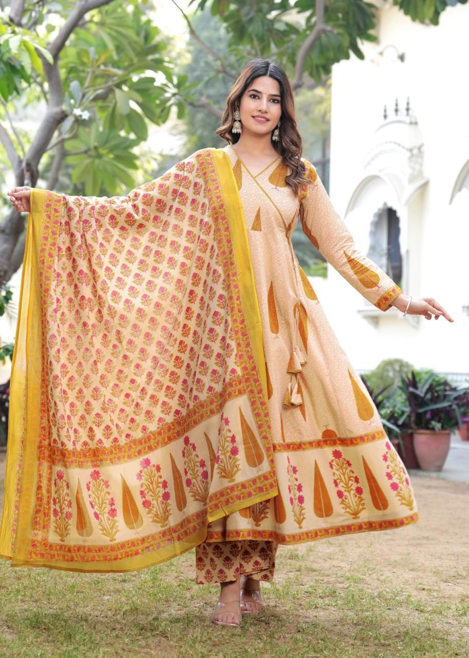 Floral Beige Anarkali Suit with Dupatta