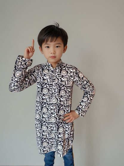 Stylish Kids' Floral Printed Kurta – Black & White
