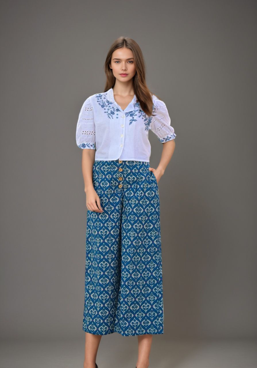 Cotton Embroidered Shirt & Printed Palazzo Set – Effortless Elegance