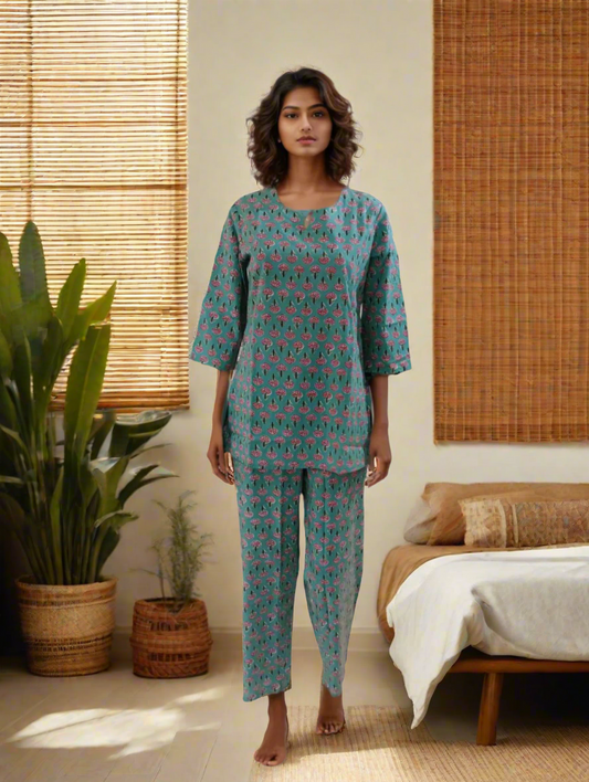 Women's Cotton Handblock Printed Night Suit Set – Teal with Pink Floral Motifs