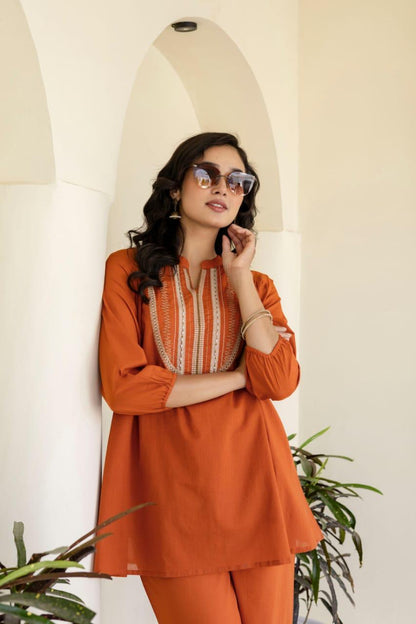 Natural Fab Women's High-Low Tunic Co-Ord Set | 3/4 Sleeves, Boat Neck, Relaxed Fit | Western Summer Casual Wear