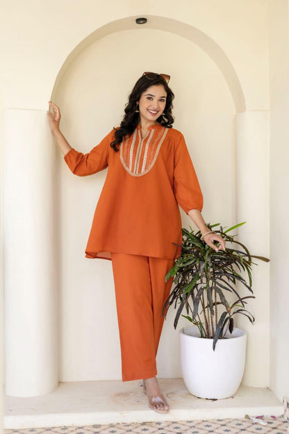 Natural Fab Women's High-Low Tunic Co-Ord Set | 3/4 Sleeves, Boat Neck, Relaxed Fit | Western Summer Casual Wear